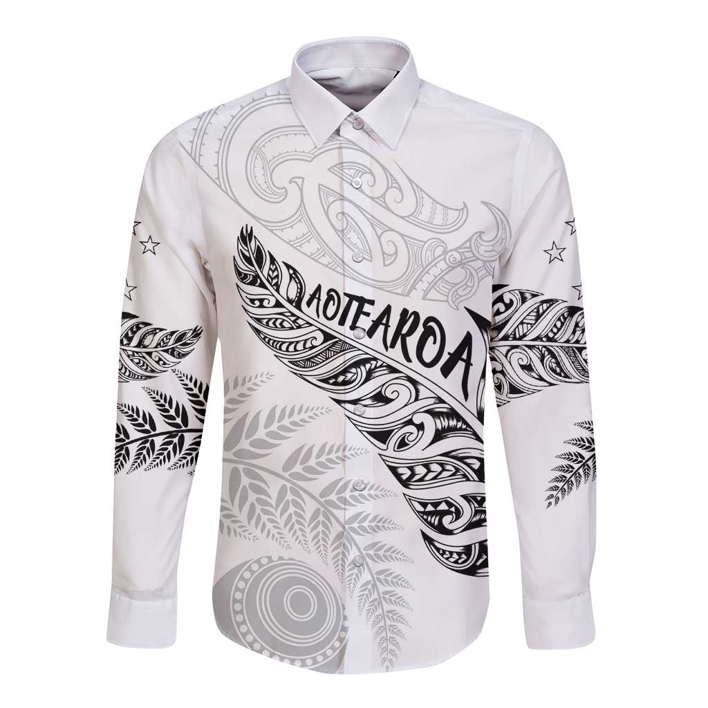 Aotearoa Personalized Lawn Bowls Maori Long Sleeve Button Shirt New Zealand White Tribal Silver Fern LT7 Unisex White - Polynesian Pride