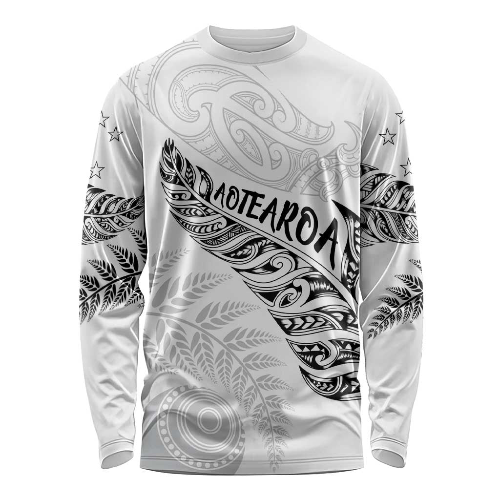 Aotearoa Personalized Lawn Bowls Maori Long Sleeve Shirt New Zealand White Tribal Silver Fern LT7 Unisex White - Polynesian Pride