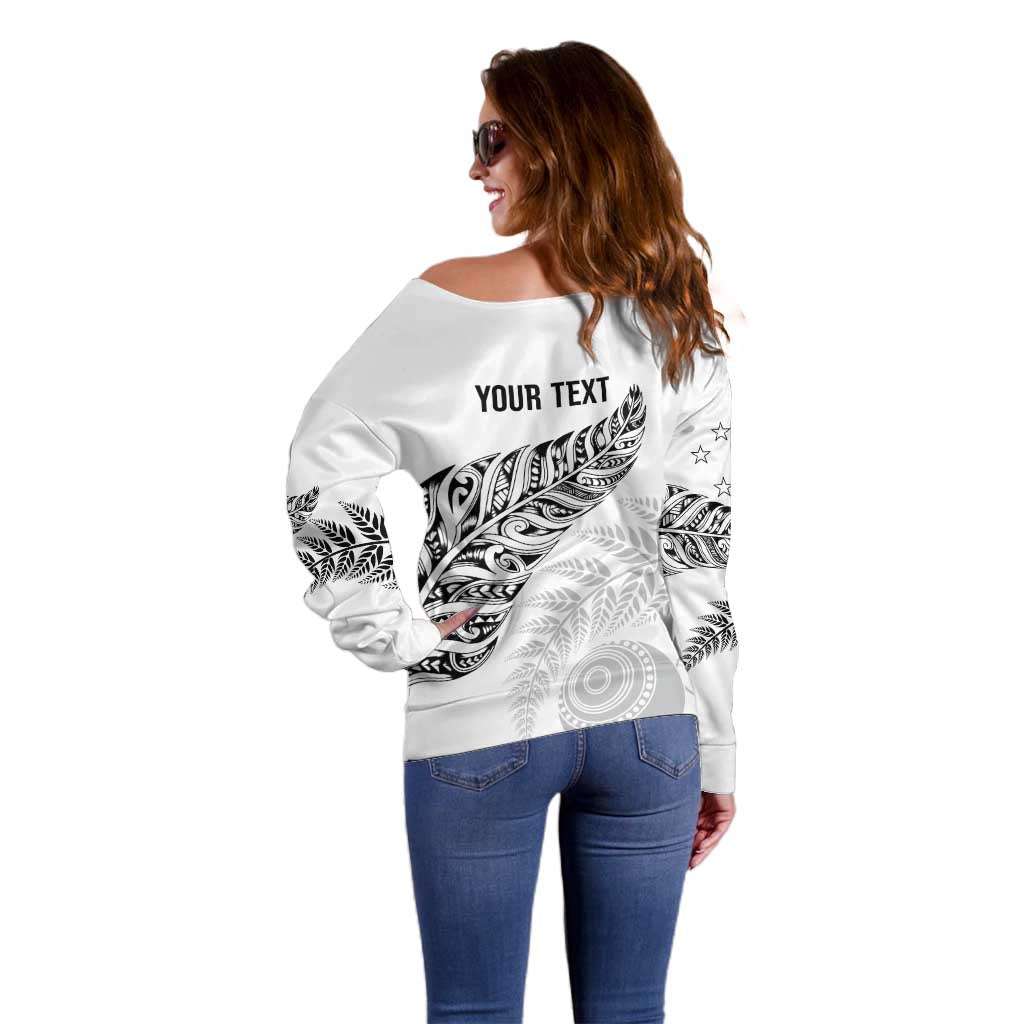 Aotearoa Personalized Lawn Bowls Maori Off Shoulder Sweater New Zealand White Tribal Silver Fern LT7 - Polynesian Pride