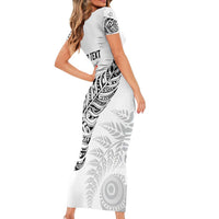 Aotearoa Personalized Lawn Bowls Maori Short Sleeve Bodycon Dress New Zealand White Tribal Silver Fern LT7 - Polynesian Pride