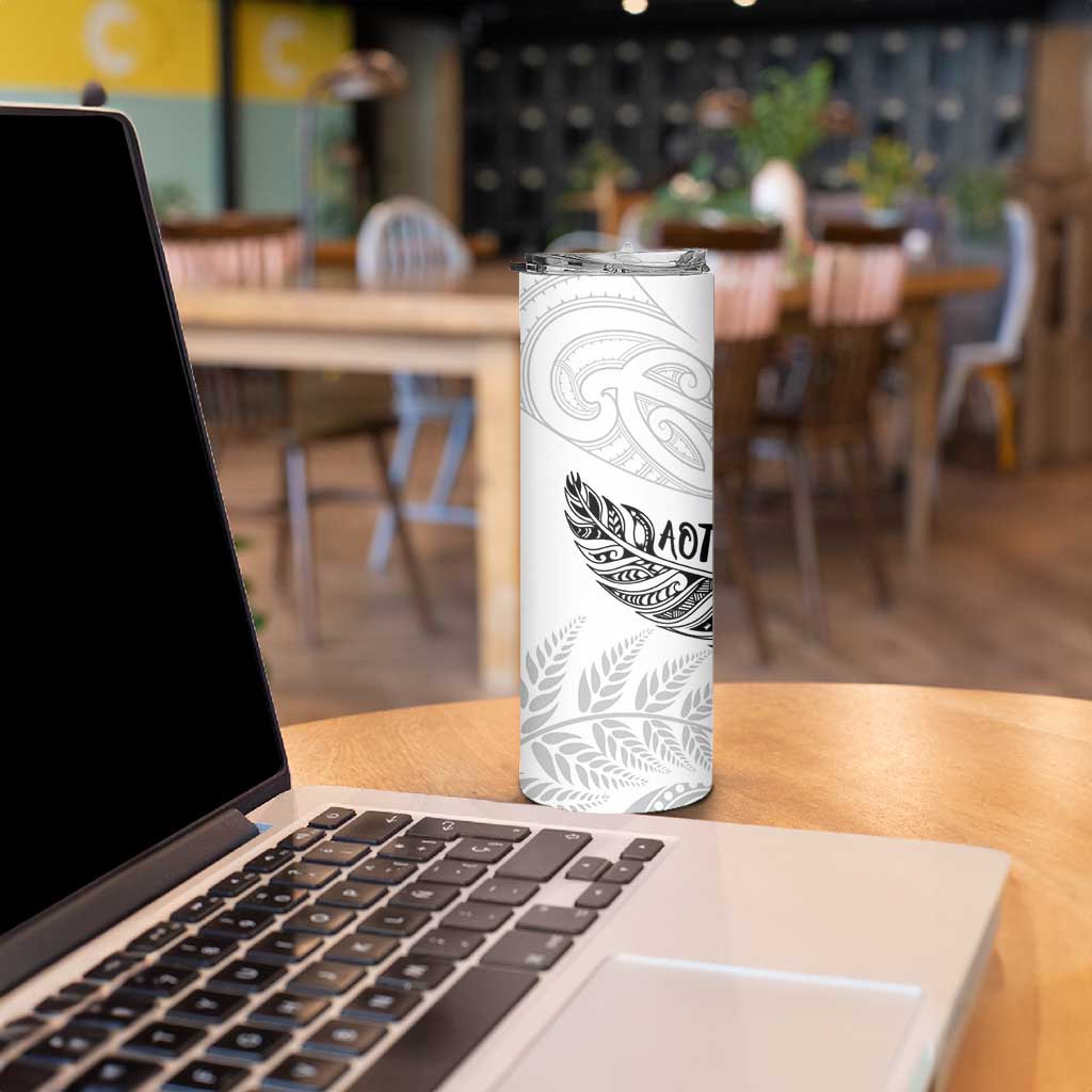 Aotearoa Personalized Lawn Bowls Maori Skinny Tumbler New Zealand White Tribal Silver Fern LT7 - Polynesian Pride