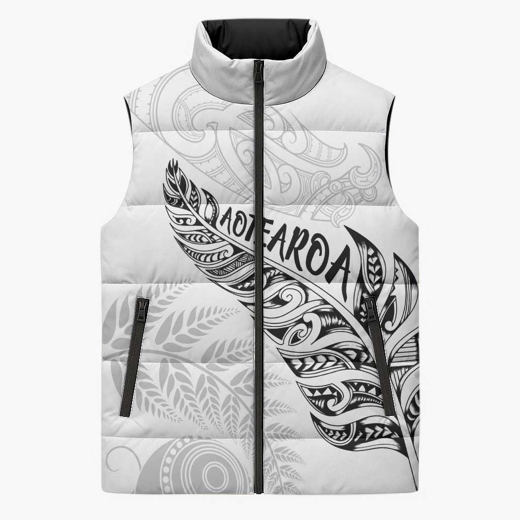 Aotearoa Personalized Lawn Bowls Maori Sleeveless Puffer Jacket New Zealand White Tribal Silver Fern LT7 Unisex White - Polynesian Pride