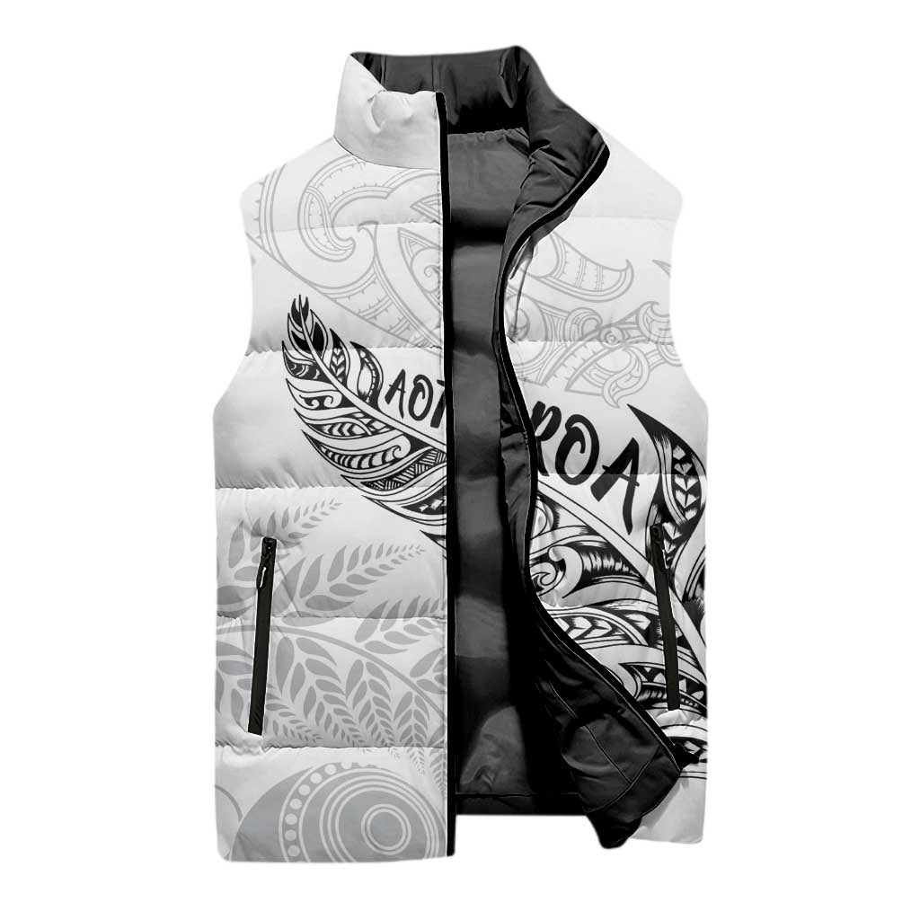 Aotearoa Personalized Lawn Bowls Maori Sleeveless Puffer Jacket New Zealand White Tribal Silver Fern LT7 - Polynesian Pride