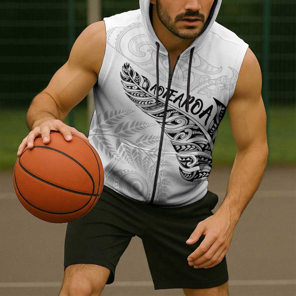 Aotearoa Personalized Lawn Bowls Maori Sleeveless Zip Hoodie New Zealand White Tribal Silver Fern LT7 - Polynesian Pride