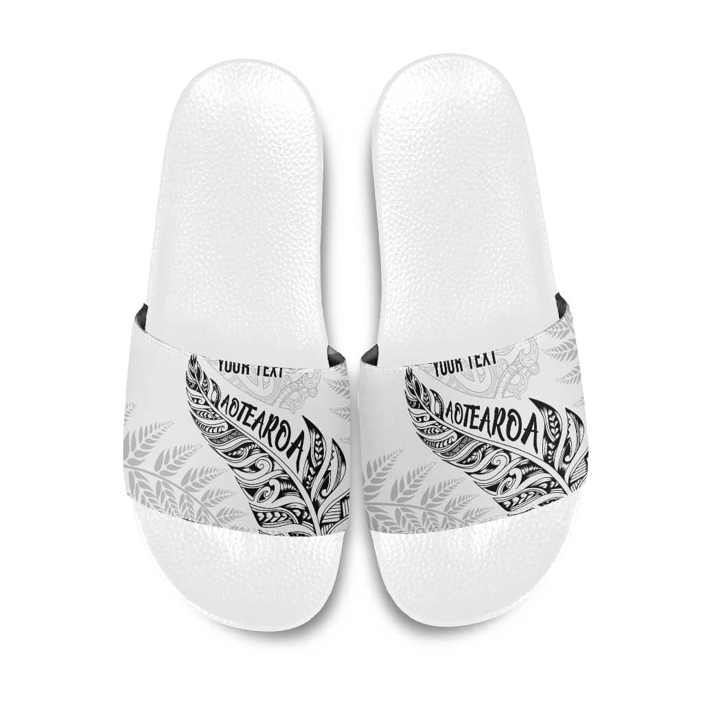 Aotearoa Personalized Lawn Bowls Maori Slide Sandals New Zealand White Tribal Silver Fern LT7 White - Polynesian Pride