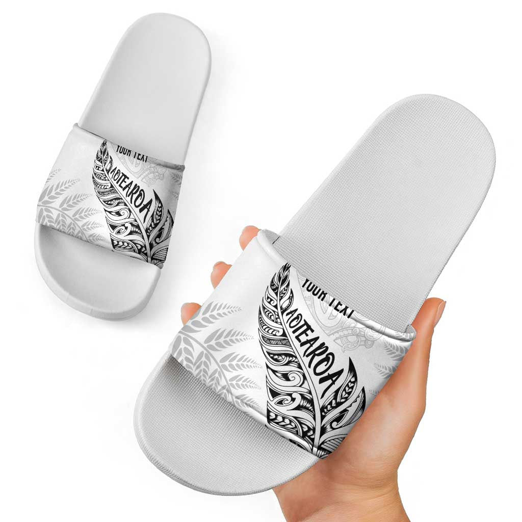 Aotearoa Personalized Lawn Bowls Maori Slide Sandals New Zealand White Tribal Silver Fern LT7 - Polynesian Pride