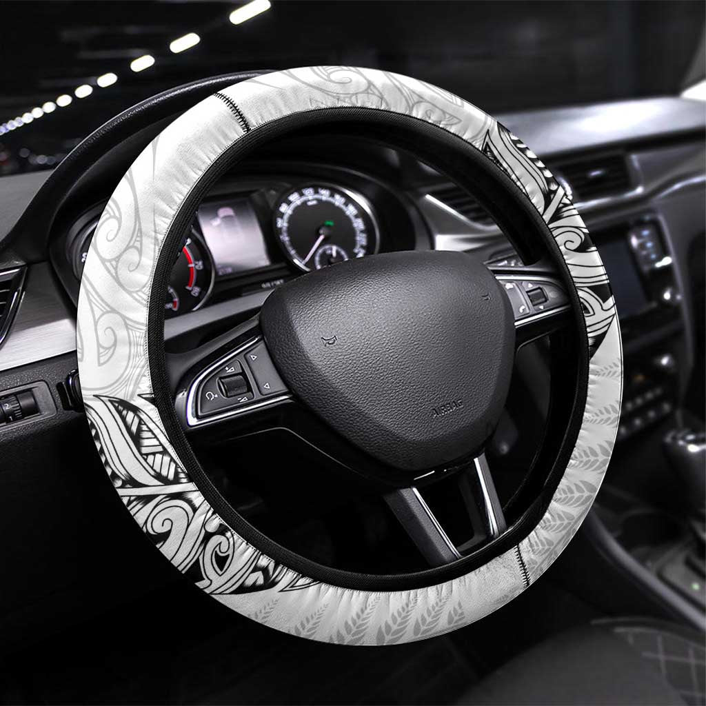 Aotearoa Lawn Bowls Maori Steering Wheel Cover New Zealand White Tribal Silver Fern LT7 Universal Fit White - Polynesian Pride