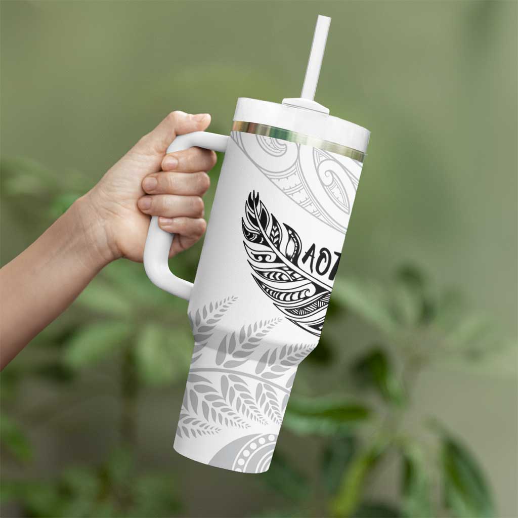 Aotearoa Personalized Lawn Bowls Maori Tumbler With Handle New Zealand White Tribal Silver Fern LT7 - Polynesian Pride