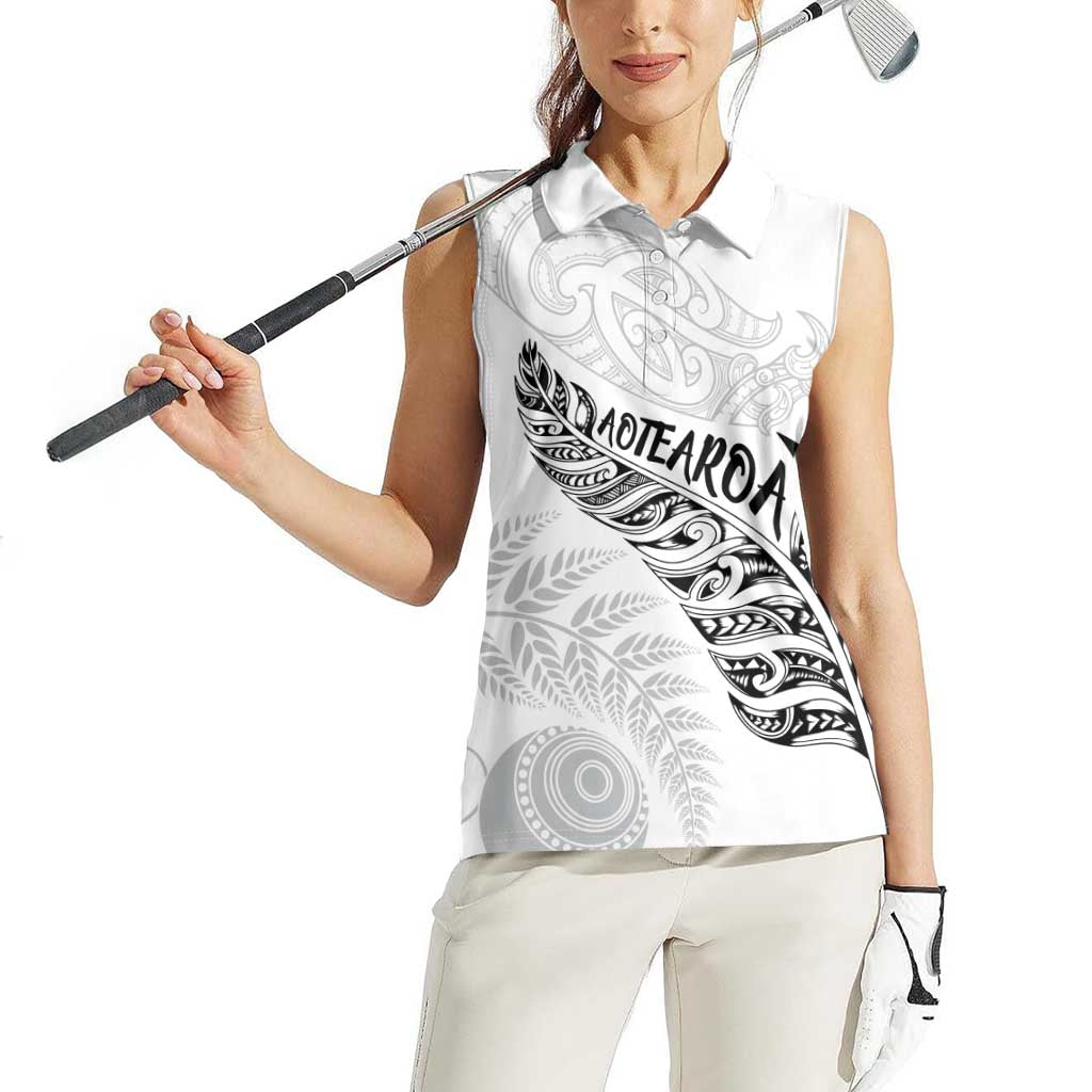 Aotearoa Personalized Lawn Bowls Maori Women Sleeveless Polo Shirt New Zealand White Tribal Silver Fern - Polynesian Pride
