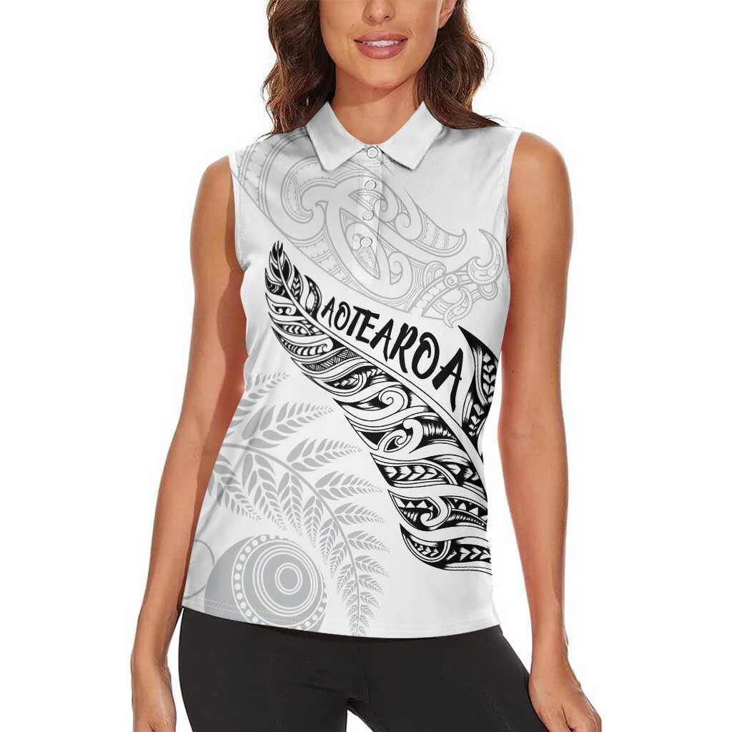 Aotearoa Personalized Lawn Bowls Maori Women Sleeveless Polo Shirt New Zealand White Tribal Silver Fern - Polynesian Pride