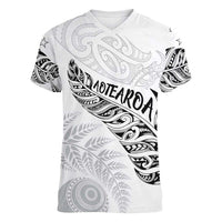 Aotearoa Personalized Lawn Bowls Maori Women V-Neck T-Shirt New Zealand White Tribal Silver Fern LT7 Female White - Polynesian Pride