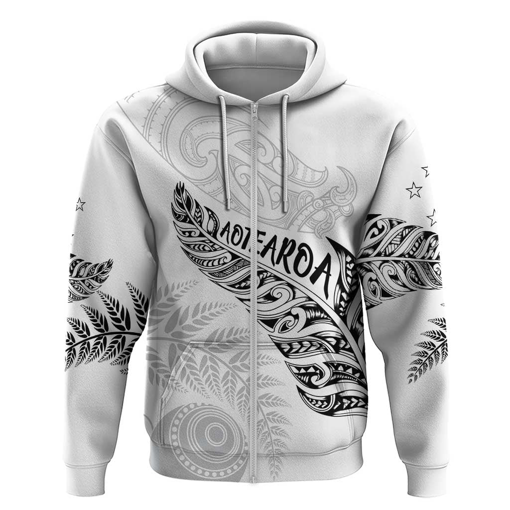 Aotearoa Personalized Lawn Bowls Maori Zip Hoodie New Zealand White Tribal Silver Fern LT7 Zip Hoodie White - Polynesian Pride