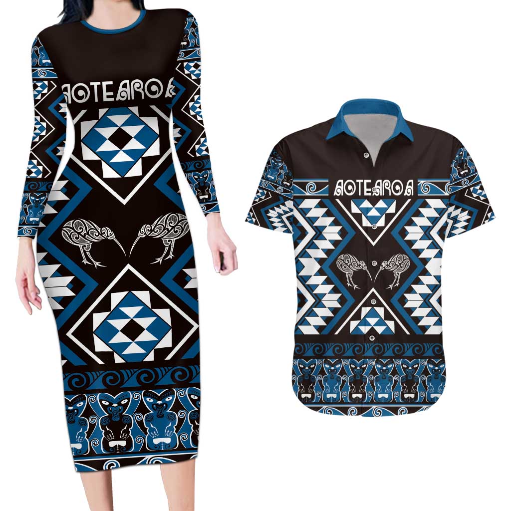 Personalised Taniko Motifs Aotearoa Couples Matching Long Sleeve Bodycon Dress and Hawaiian Shirt Waitangi Kowhaiwhai Kiwi - Blue LT7 Blue - Polynesian Pride