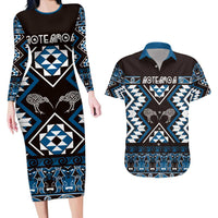 Personalised Taniko Motifs Aotearoa Couples Matching Long Sleeve Bodycon Dress and Hawaiian Shirt Waitangi Kowhaiwhai Kiwi - Blue LT7 Blue - Polynesian Pride