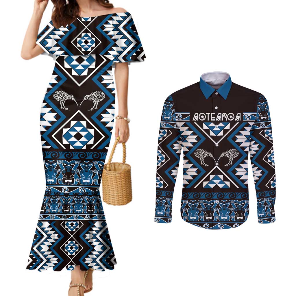 Personalised Taniko Motifs Aotearoa Couples Matching Mermaid Dress and Long Sleeve Button Shirt Waitangi Kowhaiwhai Kiwi - Blue LT7 Blue - Polynesian Pride