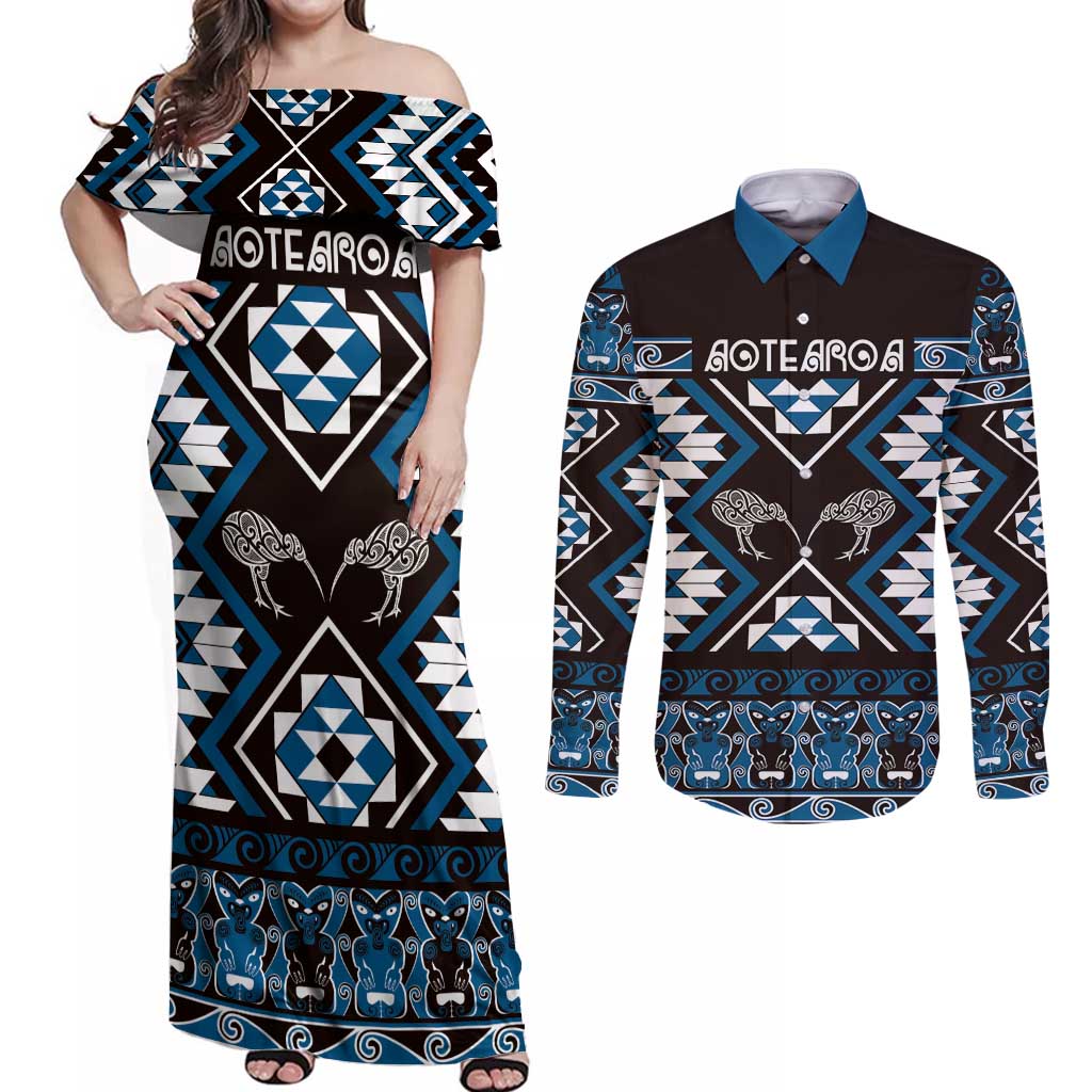 Personalised Taniko Motifs Aotearoa Couples Matching Off Shoulder Maxi Dress and Long Sleeve Button Shirt Waitangi Kowhaiwhai Kiwi - Blue LT7 Blue - Polynesian Pride