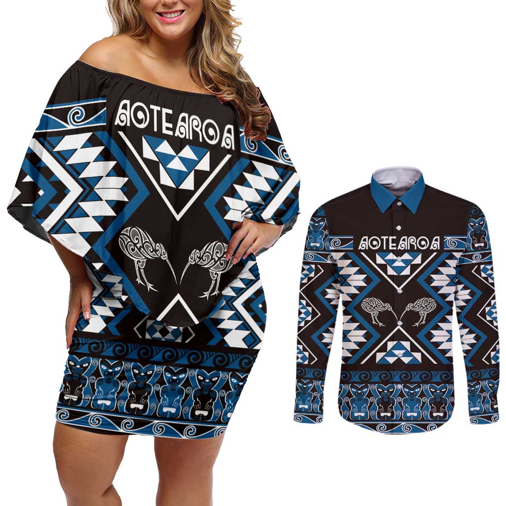 Personalised Taniko Motifs Aotearoa Couples Matching Off Shoulder Short Dress and Long Sleeve Button Shirt Waitangi Kowhaiwhai Kiwi - Blue LT7 Blue - Polynesian Pride