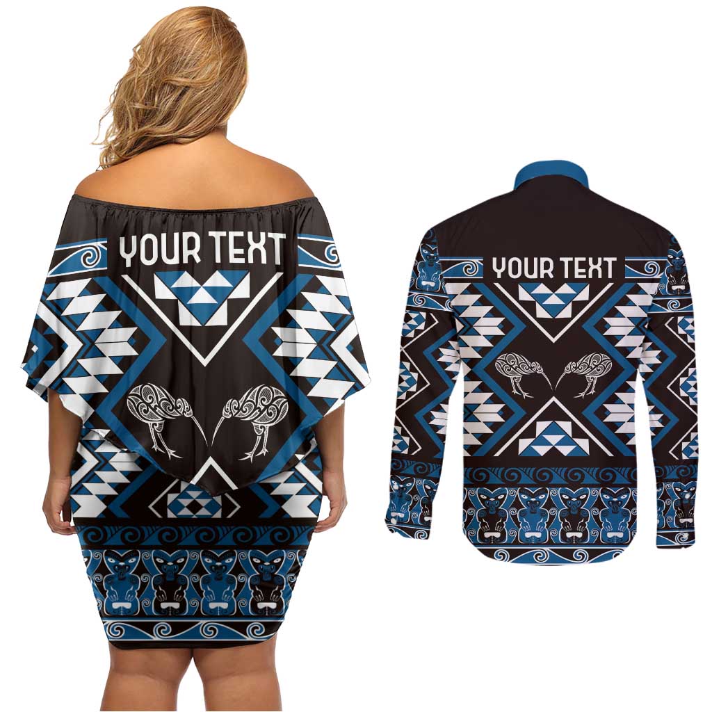 Personalised Taniko Motifs Aotearoa Couples Matching Off Shoulder Short Dress and Long Sleeve Button Shirt Waitangi Kowhaiwhai Kiwi - Blue LT7 - Polynesian Pride