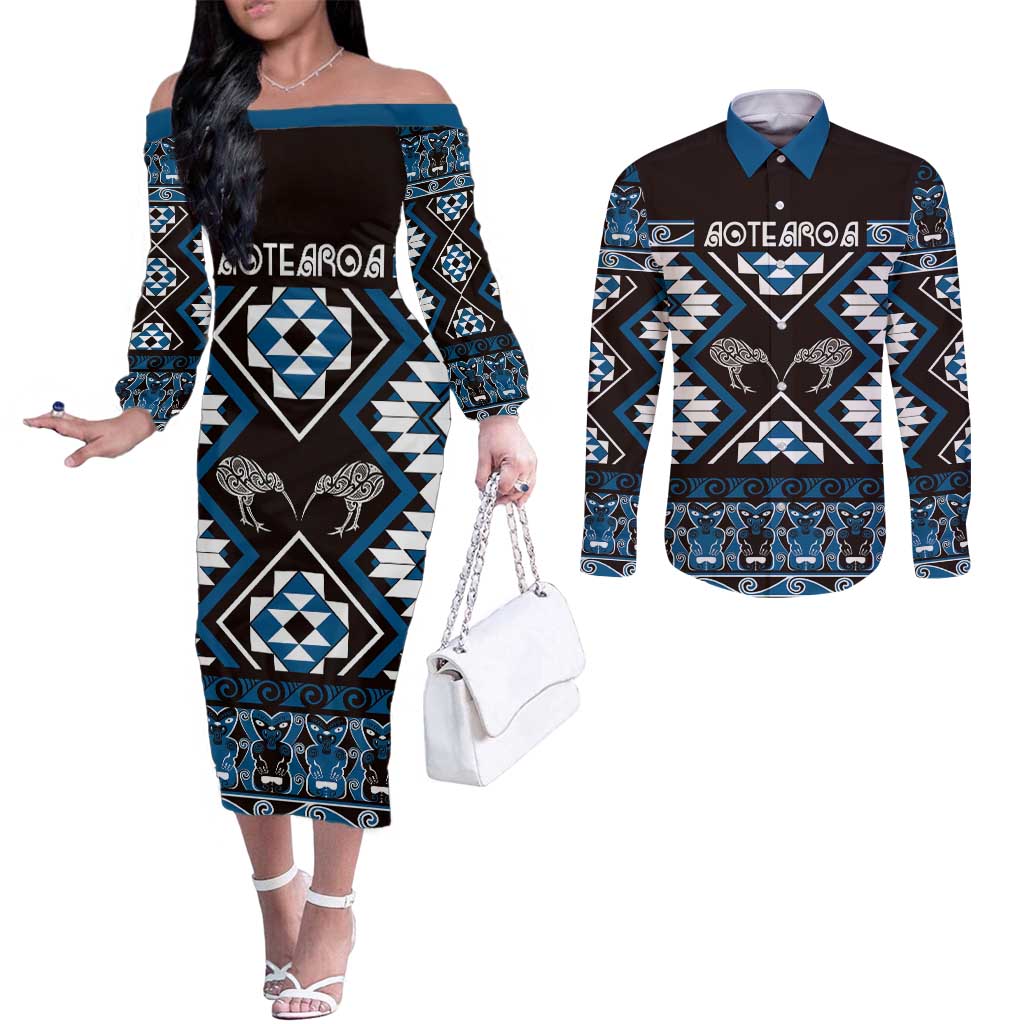 Personalised Taniko Motifs Aotearoa Couples Matching Off The Shoulder Long Sleeve Dress and Long Sleeve Button Shirt Waitangi Kowhaiwhai Kiwi - Blue LT7 Blue - Polynesian Pride