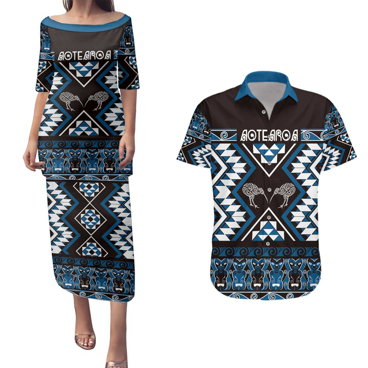 Personalised Taniko Motifs Aotearoa Couples Matching Puletasi and Hawaiian Shirt Waitangi Kowhaiwhai Kiwi - Blue LT7 Blue - Polynesian Pride