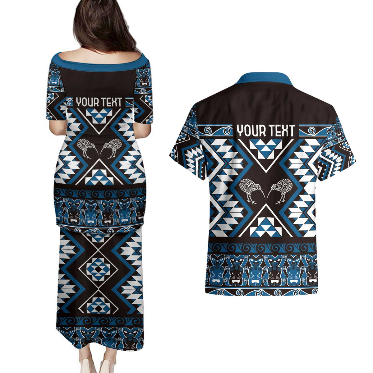 Personalised Taniko Motifs Aotearoa Couples Matching Puletasi and Hawaiian Shirt Waitangi Kowhaiwhai Kiwi - Blue LT7 - Polynesian Pride