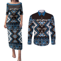 Personalised Taniko Motifs Aotearoa Couples Matching Puletasi and Long Sleeve Button Shirt Waitangi Kowhaiwhai Kiwi - Blue LT7 Blue - Polynesian Pride