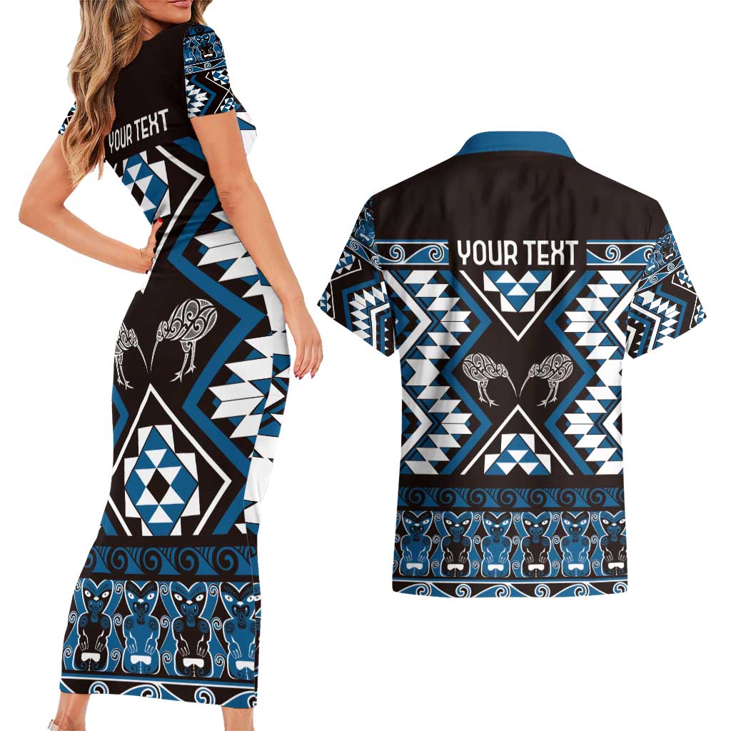 Personalised Taniko Motifs Aotearoa Couples Matching Short Sleeve Bodycon Dress and Hawaiian Shirt Waitangi Kowhaiwhai Kiwi - Blue LT7 - Polynesian Pride