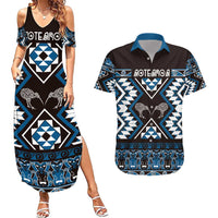 Personalised Taniko Motifs Aotearoa Couples Matching Summer Maxi Dress and Hawaiian Shirt Waitangi Kowhaiwhai Kiwi - Blue LT7 Blue - Polynesian Pride