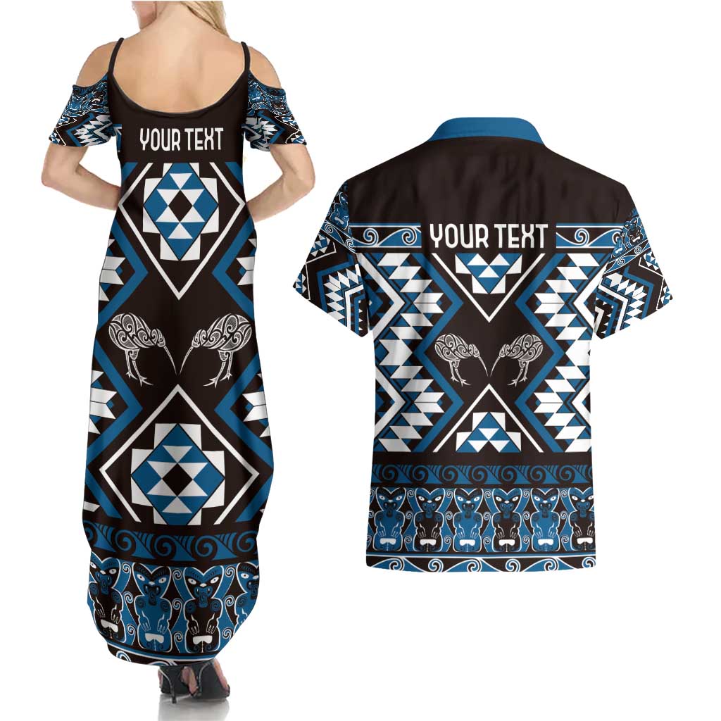 Personalised Taniko Motifs Aotearoa Couples Matching Summer Maxi Dress and Hawaiian Shirt Waitangi Kowhaiwhai Kiwi - Blue LT7 - Polynesian Pride