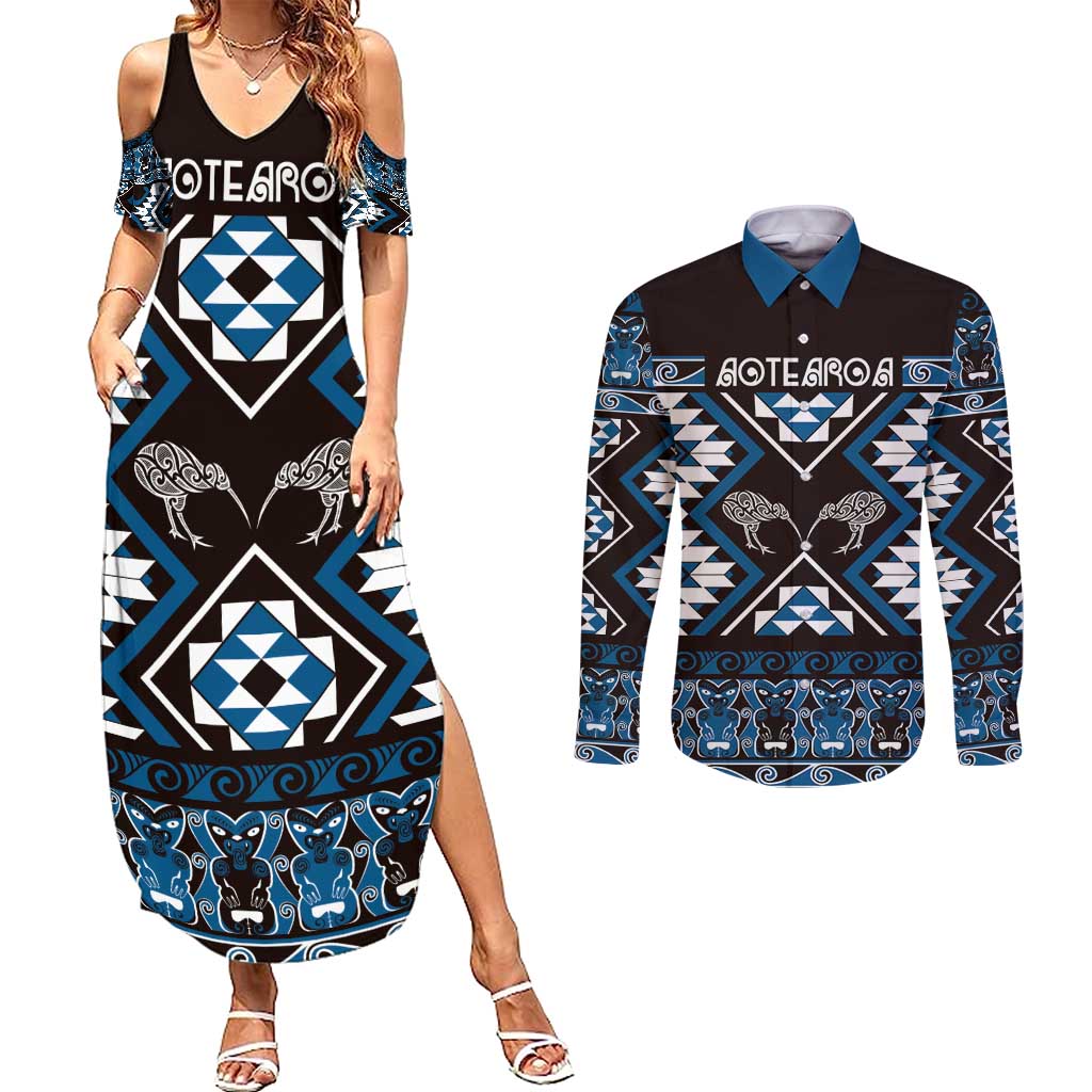 Personalised Taniko Motifs Aotearoa Couples Matching Summer Maxi Dress and Long Sleeve Button Shirt Waitangi Kowhaiwhai Kiwi - Blue LT7 Blue - Polynesian Pride