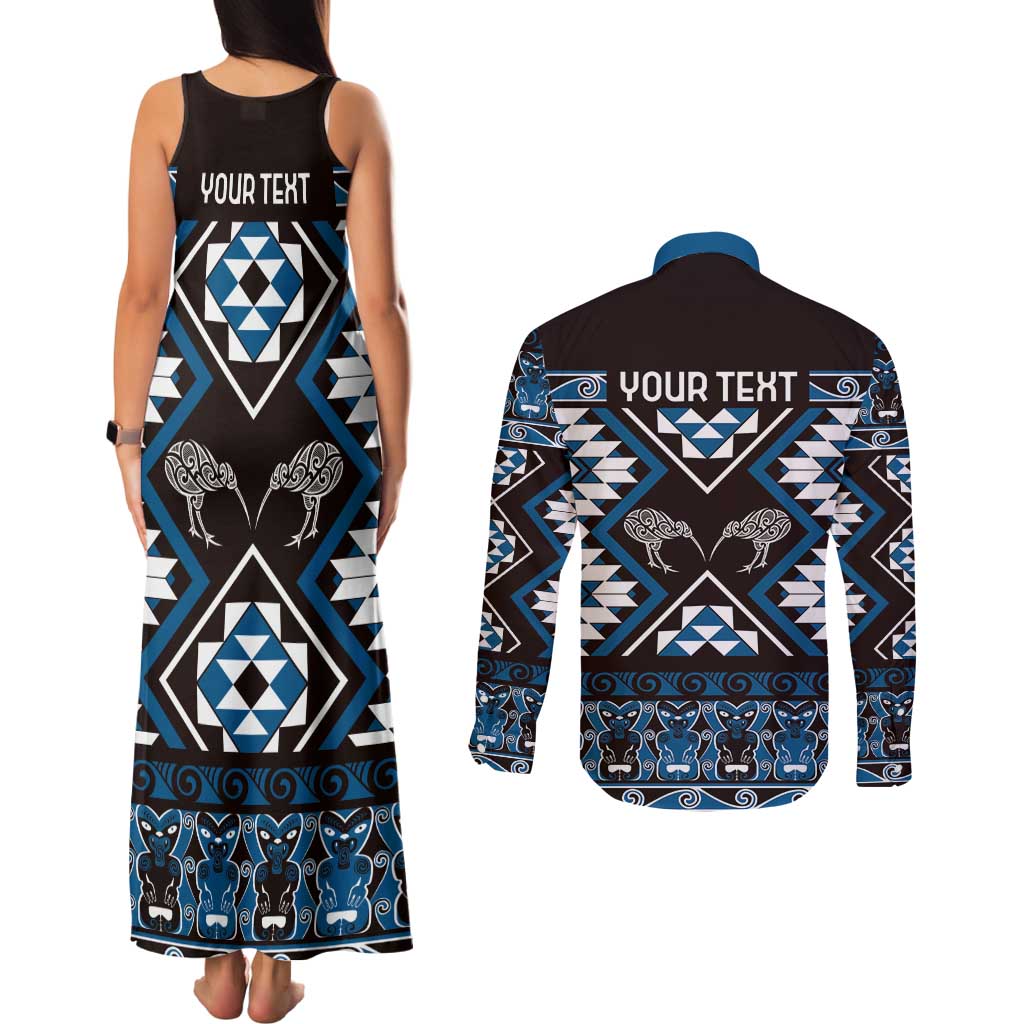 Personalised Taniko Motifs Aotearoa Couples Matching Tank Maxi Dress and Long Sleeve Button Shirt Waitangi Kowhaiwhai Kiwi - Blue LT7 - Polynesian Pride