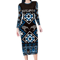Personalised Taniko Motifs Aotearoa Family Matching Long Sleeve Bodycon Dress and Hawaiian Shirt Waitangi Kowhaiwhai Kiwi - Blue LT7 Mom's Dress Blue - Polynesian Pride