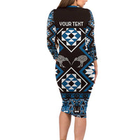 Personalised Taniko Motifs Aotearoa Family Matching Long Sleeve Bodycon Dress and Hawaiian Shirt Waitangi Kowhaiwhai Kiwi - Blue LT7 - Polynesian Pride