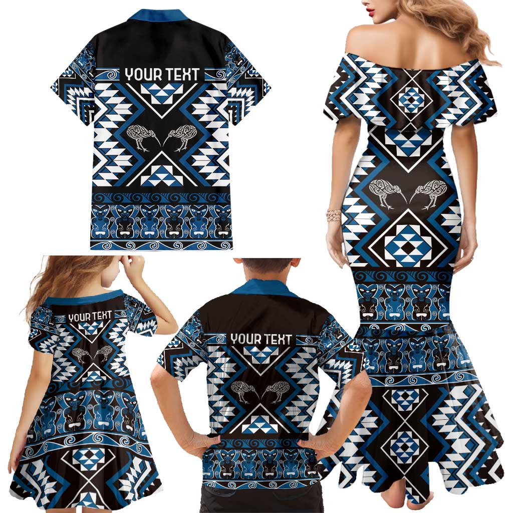 Personalised Taniko Motifs Aotearoa Family Matching Mermaid Dress and Hawaiian Shirt Waitangi Kowhaiwhai Kiwi - Blue LT7 - Polynesian Pride