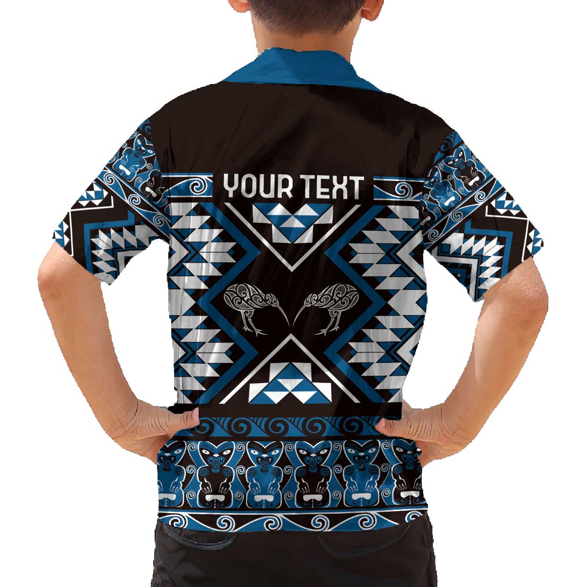 Personalised Taniko Motifs Aotearoa Family Matching Off The Shoulder Long Sleeve Dress and Hawaiian Shirt Waitangi Kowhaiwhai Kiwi - Blue LT7 - Polynesian Pride