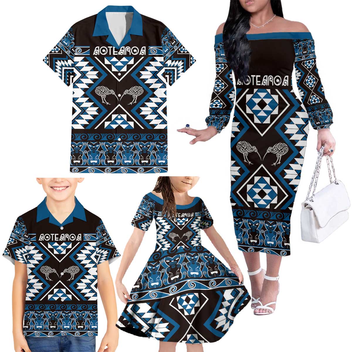 Personalised Taniko Motifs Aotearoa Family Matching Off The Shoulder Long Sleeve Dress and Hawaiian Shirt Waitangi Kowhaiwhai Kiwi - Blue LT7 - Polynesian Pride