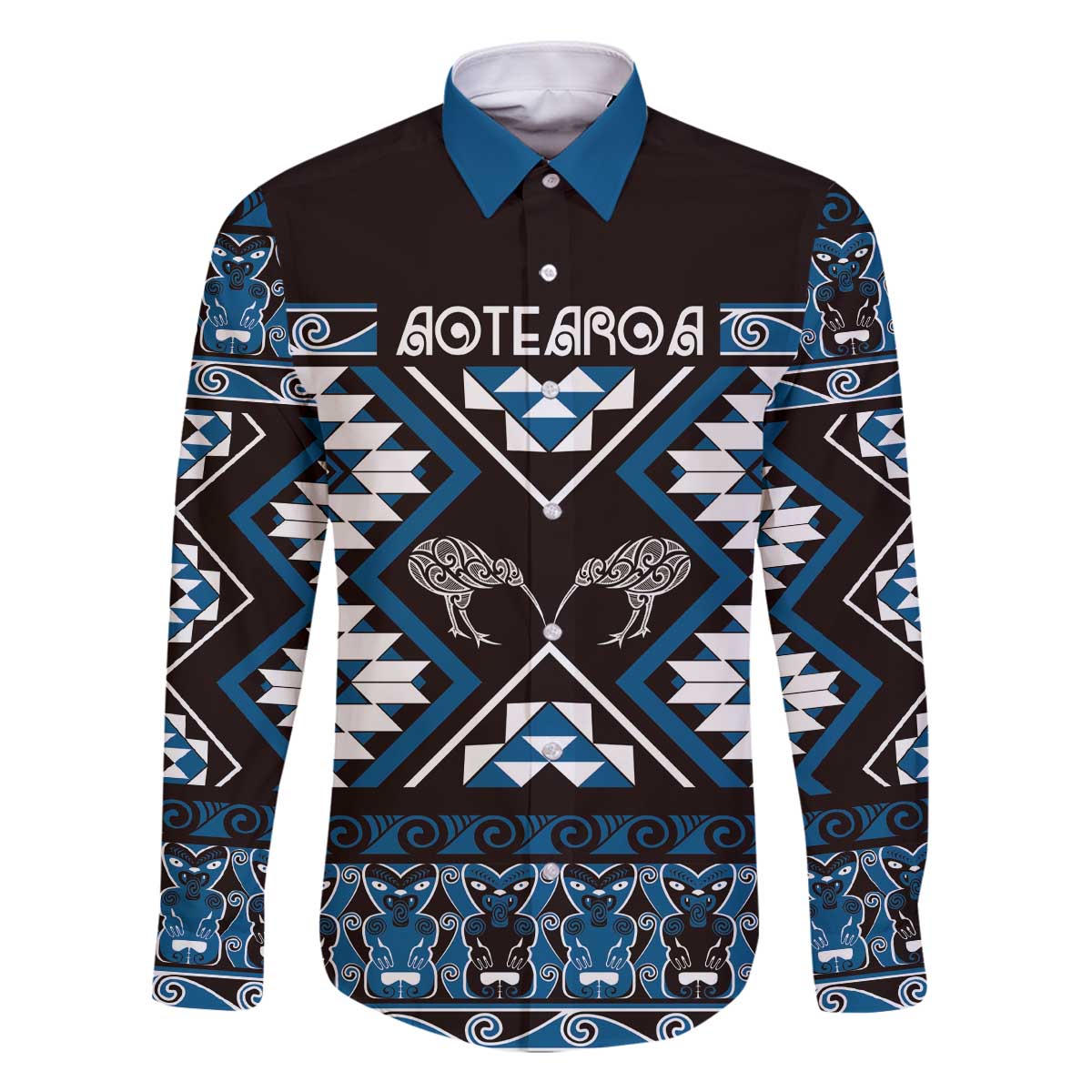 Personalised Taniko Motifs Aotearoa Family Matching Off The Shoulder Long Sleeve Dress and Hawaiian Shirt Waitangi Kowhaiwhai Kiwi - Blue LT7 Dad's Shirt - Long Sleeve Blue - Polynesian Pride