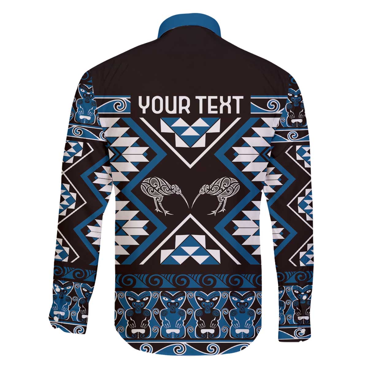 Personalised Taniko Motifs Aotearoa Family Matching Off The Shoulder Long Sleeve Dress and Hawaiian Shirt Waitangi Kowhaiwhai Kiwi - Blue LT7 - Polynesian Pride