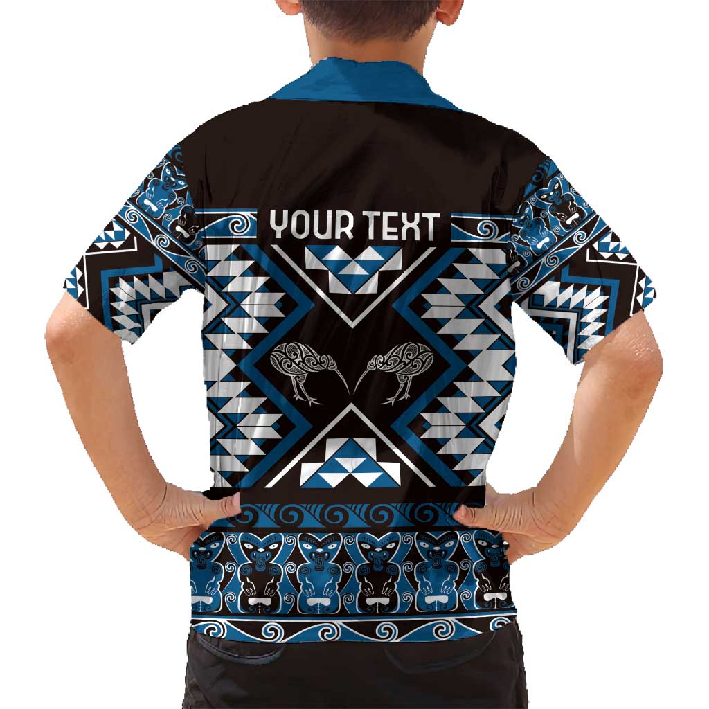 Personalised Taniko Motifs Aotearoa Family Matching Off Shoulder Maxi Dress and Hawaiian Shirt Waitangi Kowhaiwhai Kiwi - Blue LT7 - Polynesian Pride