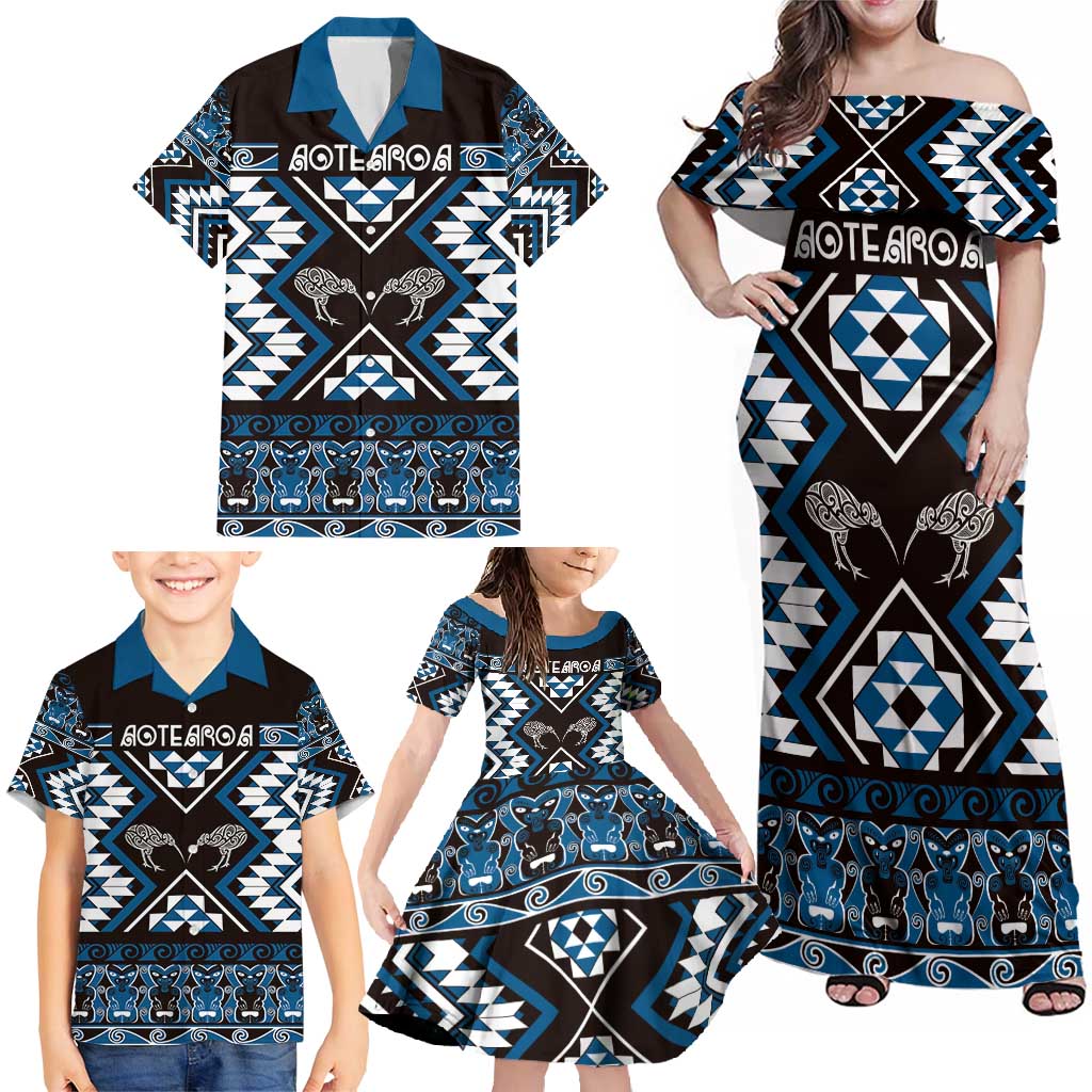 Personalised Taniko Motifs Aotearoa Family Matching Off Shoulder Maxi Dress and Hawaiian Shirt Waitangi Kowhaiwhai Kiwi - Blue LT7 - Polynesian Pride