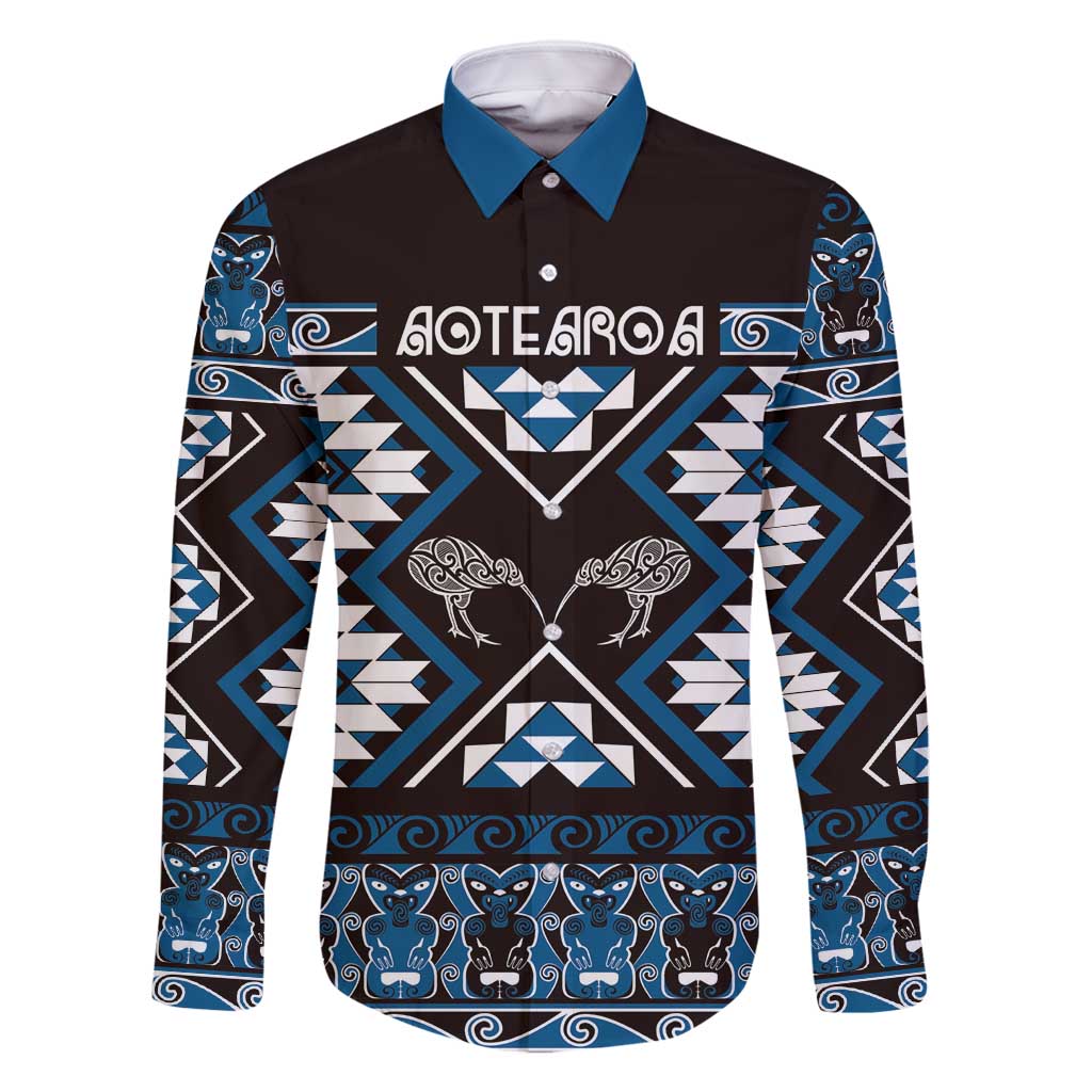 Personalised Taniko Motifs Aotearoa Family Matching Off Shoulder Maxi Dress and Hawaiian Shirt Waitangi Kowhaiwhai Kiwi - Blue LT7 Dad's Shirt - Long Sleeve Blue - Polynesian Pride