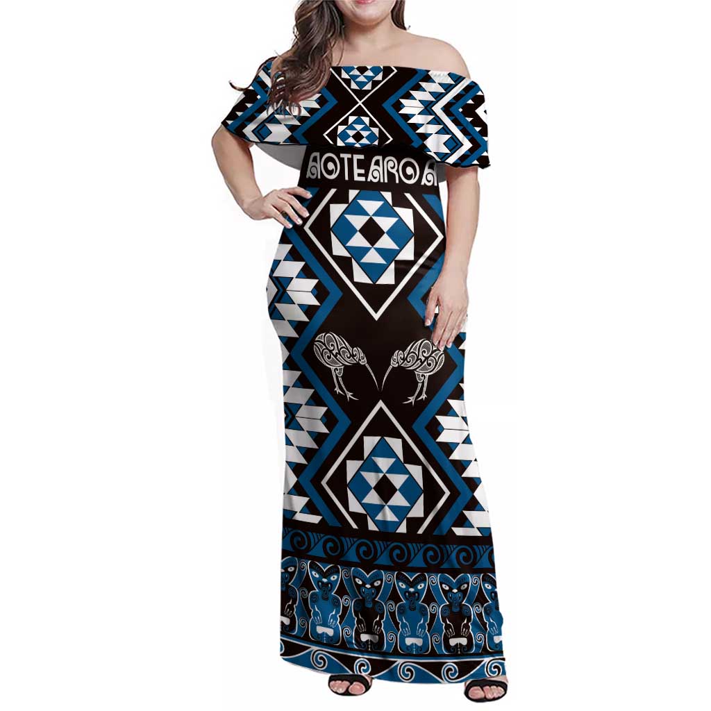 Personalised Taniko Motifs Aotearoa Family Matching Off Shoulder Maxi Dress and Hawaiian Shirt Waitangi Kowhaiwhai Kiwi - Blue LT7 Mom's Dress Blue - Polynesian Pride