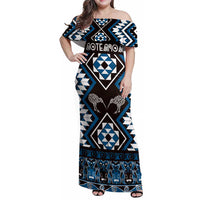 Personalised Taniko Motifs Aotearoa Family Matching Off Shoulder Maxi Dress and Hawaiian Shirt Waitangi Kowhaiwhai Kiwi - Blue LT7 Mom's Dress Blue - Polynesian Pride