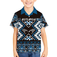 Personalised Taniko Motifs Aotearoa Family Matching Off Shoulder Maxi Dress and Hawaiian Shirt Waitangi Kowhaiwhai Kiwi - Blue LT7 Son's Shirt Blue - Polynesian Pride