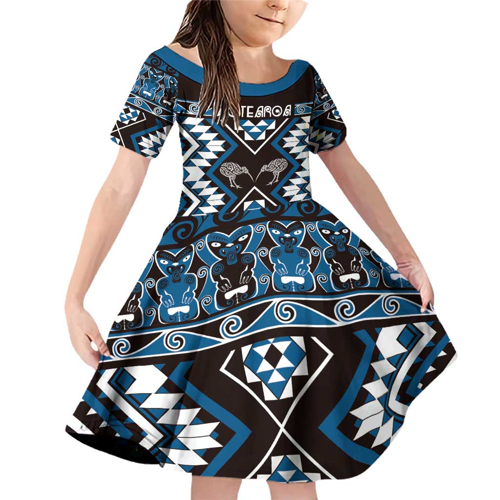 Personalised Taniko Motifs Aotearoa Family Matching Off Shoulder Short Dress and Hawaiian Shirt Waitangi Kowhaiwhai Kiwi - Blue LT7 Daughter's Dress Blue - Polynesian Pride