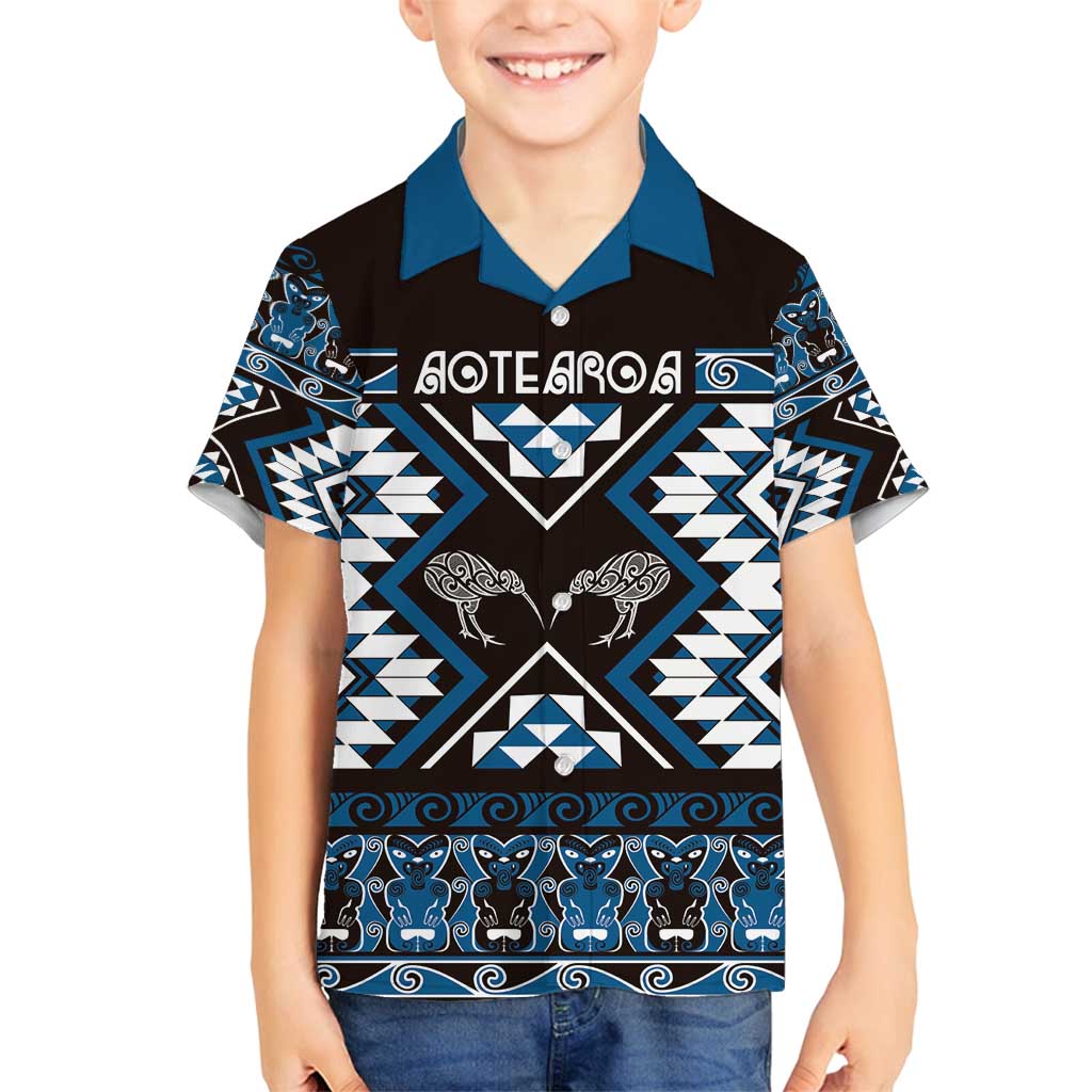 Personalised Taniko Motifs Aotearoa Family Matching Off Shoulder Short Dress and Hawaiian Shirt Waitangi Kowhaiwhai Kiwi - Blue LT7 Son's Shirt Blue - Polynesian Pride