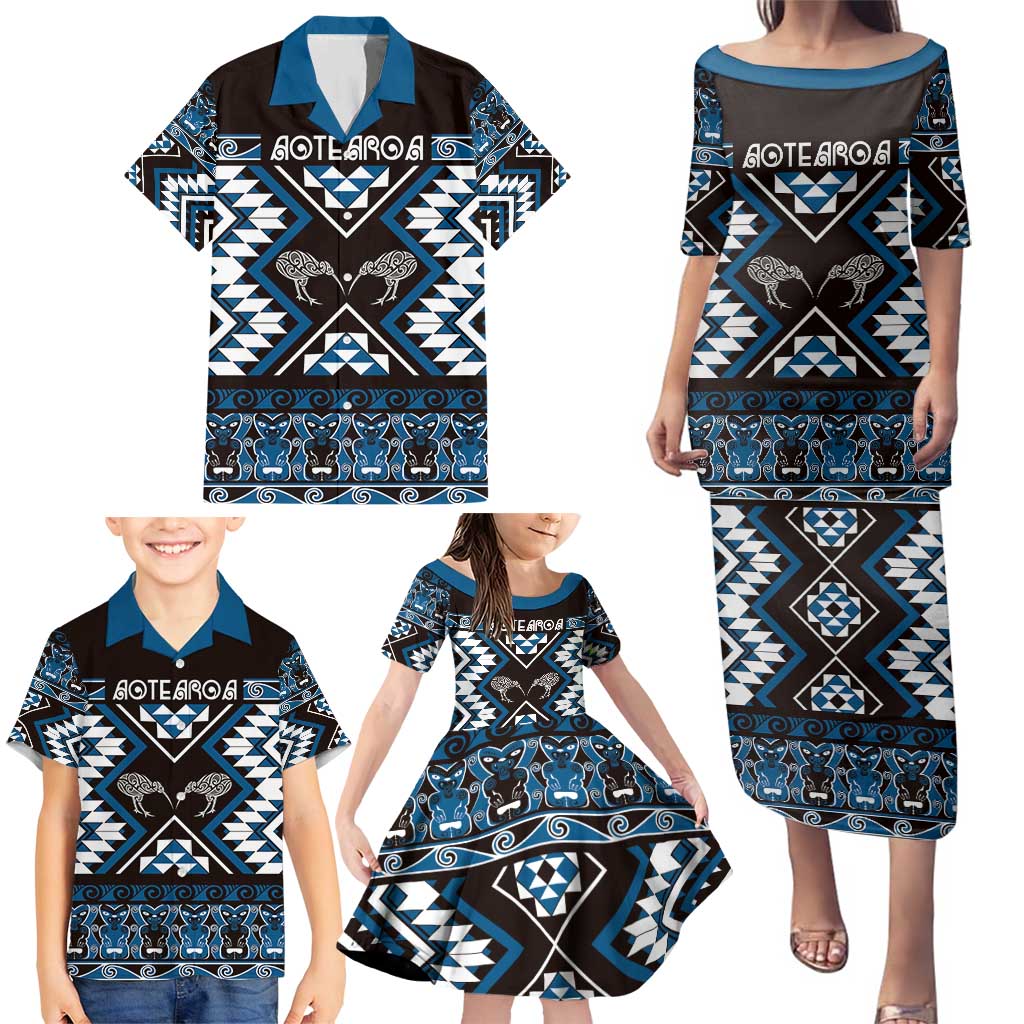 Personalised Taniko Motifs Aotearoa Family Matching Puletasi and Hawaiian Shirt Waitangi Kowhaiwhai Kiwi - Blue LT7 - Polynesian Pride