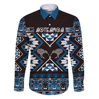 Personalised Taniko Motifs Aotearoa Family Matching Puletasi and Hawaiian Shirt Waitangi Kowhaiwhai Kiwi - Blue LT7 Dad's Shirt - Long Sleeve Blue - Polynesian Pride