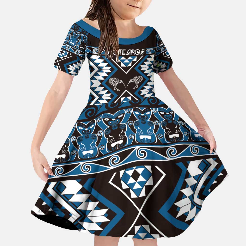 Personalised Taniko Motifs Aotearoa Family Matching Summer Maxi Dress and Hawaiian Shirt Waitangi Kowhaiwhai Kiwi - Blue LT7 Daughter's Dress Blue - Polynesian Pride