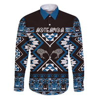 Personalised Taniko Motifs Aotearoa Family Matching Summer Maxi Dress and Hawaiian Shirt Waitangi Kowhaiwhai Kiwi - Blue LT7 Dad's Shirt - Long Sleeve Blue - Polynesian Pride